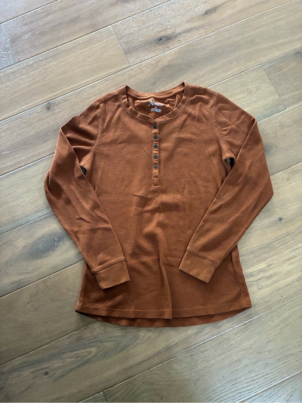 Rust Waffle Knit Henley Long Sleeve Top